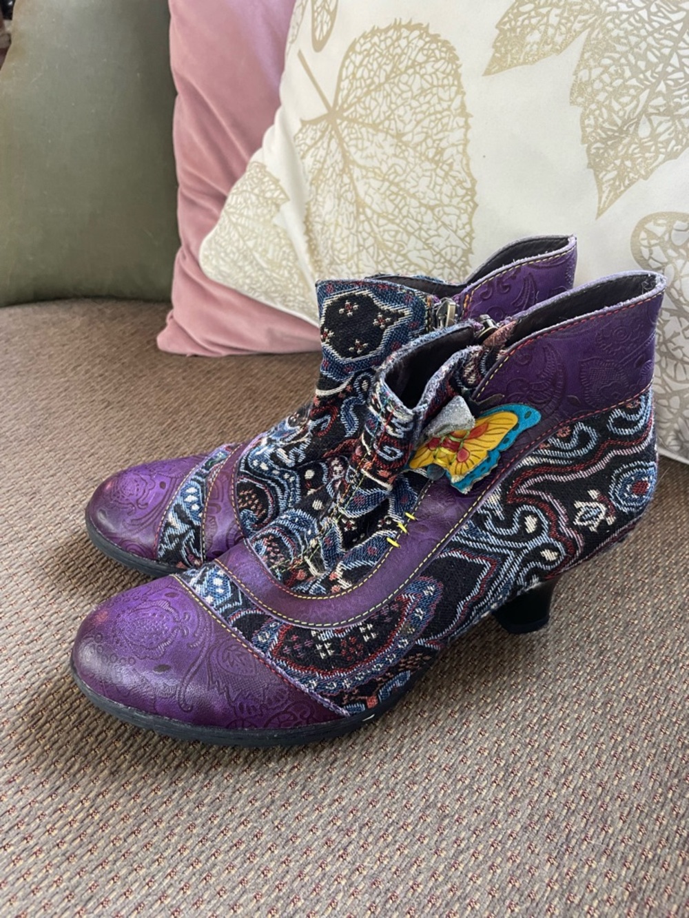 Purple Patterned Women's Ankle Booties with Butterfly Accent